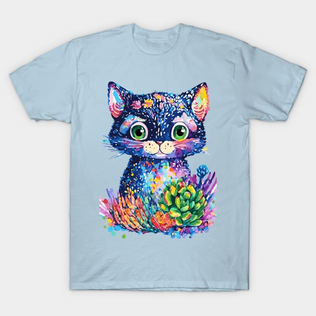 Cute Cat with Succulents Doodle T-Shirt by DestructoKitty